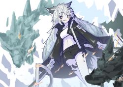 Rule 34 | 1girl, :d, absurdres, animal ear fluff, animal ears, arknights, black jacket, black shorts, breasts, commentary request, dual wielding, fire, green eyes, grey hair, hair ornament, hairclip, highres, holding, holding sword, holding weapon, ichi (ichi.colors), jacket, lappland (arknights), long hair, long sleeves, looking at viewer, material growth, medium breasts, monster, navel, open clothes, open jacket, open mouth, oripathy lesion (arknights), scar, scar across eye, scar on face, short shorts, shorts, sketch, smile, solo, standing, sword, very long hair, weapon, white background, wide sleeves
