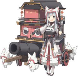 Rule 34 | 1girl, animal ears, armor, armored dress, black gloves, cannon, dog ears, dress, fang, fingerless gloves, full body, gloves, grey eyes, hat, hat with ears, inuyama (oshiro project), isegawa yasutaka, long hair, looking at viewer, official art, open mouth, oshiro project:re, silver hair, smile, transparent background