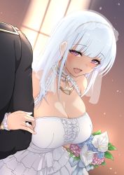 Rule 34 | 1boy, 1girl, absurdres, anchor choker, azur lane, bare shoulders, black jacket, blue flower, blue rose, blunt bangs, blush, bouquet, breasts, bridal veil, bride, center frills, cleavage, commentary request, dido (azur lane), dress, eyelashes, flower, frills, glint, half-closed eyes, hetero, highres, husband and wife, jacket, jewelry, large breasts, locked arms, looking at viewer, lower teeth only, open mouth, pink eyes, ring, rose, sidelocks, skindentation, sleeveless, sleeveless dress, smile, solo focus, teeth, tongue, upanishi mariko, upper body, veil, wedding band, wedding dress, white dress, white flower, white hair