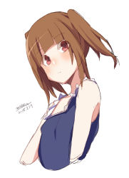 Rule 34 | 1girl, bare shoulders, blue shirt, blunt bangs, breasts, brown hair, closed mouth, cropped torso, dated, head tilt, looking at viewer, maze (gochama ze gohan), original, red eyes, shirt, sidelocks, signature, simple background, sketch, sleeveless, sleeveless shirt, small breasts, solo, twintails, upper body, white background