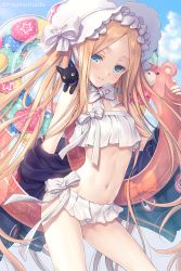 Rule 34 | 1girl, abigail williams (fate), abigail williams (swimsuit foreigner) (fate), abigail williams (swimsuit foreigner) (third ascension) (fate), bare shoulders, bikini, black cat, black jacket, blonde hair, blue eyes, blue sky, blush, bonnet, bow, breasts, cat, day, fate/grand order, fate (series), floating hair, forehead, hagino kouta, hair bow, highres, innertube, jacket, long hair, looking at viewer, md5 mismatch, miniskirt, navel, off shoulder, open clothes, open jacket, parted bangs, sidelocks, skirt, sky, small breasts, smile, solo, swim ring, swimsuit, thighs, twintails, very long hair, white bikini, white bow, white headwear