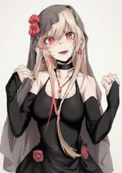 Rule 34 | 1girl, alma01, bare shoulders, black choker, black dress, black nails, breasts, bridal gauntlets, choker, cleavage, collarbone, commentary request, crying, crying with eyes open, dress, earrings, fangs, fingernails, flower, girls&#039; frontline, hair between eyes, hair flower, hair ornament, hands up, head tilt, highres, jewelry, light brown hair, long hair, looking at viewer, m4 sopmod ii (girls&#039; frontline), medium breasts, multicolored hair, nail polish, open mouth, pendant, red flower, red hair, red rose, rose, sketch, sleeveless, sleeveless dress, solo, streaked hair, tears, thick eyebrows, veil, very long hair