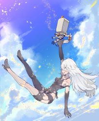 Rule 34 | 1girl, :d, ahoge, android, arm up, bad id, bad twitter id, bird, black gloves, blue sky, blush, breasts, cloud, collarbone, day, elbow gloves, falling, from side, full body, gloves, hair between eyes, high heels, highres, legs up, light particles, long hair, machinery, medium breasts, nier (series), nier:automata, open mouth, outdoors, petals, pod (nier:automata), profile, robot, sideways mouth, silver hair, sky, smile, solo, tajima ryuushi, very long hair, a2 (nier:automata)