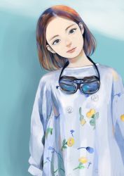 Rule 34 | 1girl, absurdres, blouse, blue background, brown eyes, brown hair, closed mouth, eyebrows, floral print, forehead, goggles, goggles around neck, head tilt, highres, junjunforever, long sleeves, looking at viewer, matching hair/eyes, no bangs, original, realistic, shirt, short hair, simple background, smile, solo, white shirt