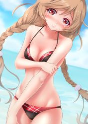 Rule 34 | 1girl, absurdres, bikini, black bikini, blue sky, braid, breasts, brown eyes, cleavage, cloud, cloud hair ornament, collarbone, commentary request, cowboy shot, day, dutch angle, highres, kantai collection, light brown hair, long hair, looking at viewer, makura (y makura), medium breasts, minegumo (kancolle), multicolored bikini, multicolored clothes, navel, outdoors, sky, solo, swimsuit, twin braids