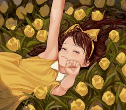 Rule 34 | 1girl, artist name, blurry, bow, brown hair, depth of field, devotion, dress, du meishin, fkey, flower, from above, hair bow, looking at viewer, lying, on back, original, sketch, smile, yellow dress, yellow flower