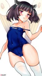 Rule 34 | 1girl, absurdres, ahoge, aiuti, areola slip, black hair, blue one-piece swimsuit, bob cut, cameltoe, cleft of venus, clothes pull, feet out of frame, gluteal fold, headgear, highres, name tag, one-piece swimsuit, one-piece swimsuit pull, purple eyes, short hair, simple background, solo, swimsuit, thighhighs, touhoku kiritan, twitter username, voiceroid, white background, white thighhighs