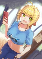 Rule 34 | 1girl, :d, absurdres, ahoge, alternate costume, arts shirt, blonde hair, blue shirt, bra strap, breasts, cellphone, collarbone, cowboy shot, crop top, denim, drawing, english text, fate/extra, fate/grand order, fate (series), from above, green eyes, hair ribbon, hand in pocket, hand up, highres, holding, holding phone, jeans, large breasts, long hair, looking at viewer, midriff, navel, nero claudius (fate), nero claudius (fate) (all), nero claudius (fate/extra), open mouth, pants, phone, red ribbon, reijgr (ff9999x), ribbon, shadow, shirt, short sleeves, smartphone, smile, solo, torn clothes, torn jeans, torn pants, tree