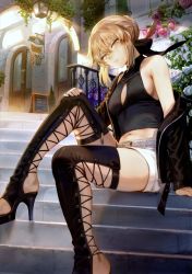Rule 34 | 1girl, absurdres, arm support, artoria pendragon (all), artoria pendragon (fate), bare shoulders, belt, black jacket, blonde hair, bow, braid, breasts, closed mouth, clothing cutout, fate/grand order, fate/stay night, fate (series), french braid, hair bow, high heels, highres, jacket, knee up, looking at viewer, mashuu (neko no oyashiro), midriff, navel, off shoulder, open clothes, open jacket, saber alter, scan, shorts, simple background, sitting, small breasts, solo, stairs, toeless footwear, white shorts, yellow eyes