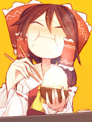 Rule 34 | 1girl, :i, ascot, blush, bowl, brown hair, chopsticks, closed eyes, detached sleeves, eating, food, food on face, hair ornament, hair ribbon, hair tubes, hakurei reimu, japanese clothes, kuresento, long sleeves, miko, ribbon, rice, rice bowl, rice on face, shirt, short hair, simple background, solo, table, touhou, wide sleeves, yellow background