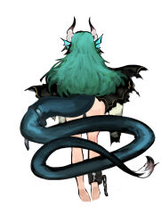 Rule 34 | 1girl, absurdres, ass, barefoot, black capelet, capelet, chain, chinese commentary, commentary request, cuffs, dragon girl, fins, fur-tipped tail, green hair, head fins, highres, horns, long hair, long sleeves, no pants, original, robe, shackles, solo, sora sakura, tail belt, very long tail, white background