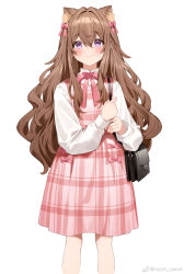 Rule 34 | 1girl, animal ear fluff, animal ears, bag, blush, bow, bowtie, brown hair, closed mouth, dress, extra ears, hair between eyes, hair bow, highres, holding strap, long hair, long sleeves, looking at viewer, nyum, original, pinafore dress, pink bow, pink bowtie, pink dress, plaid, plaid dress, purple eyes, shirt, shoulder bag, simple background, sleeveless dress, smile, solo, standing, very long hair, weibo watermark, white background, white shirt