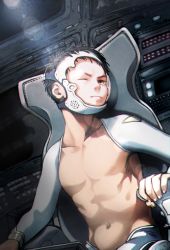 Rule 34 | 1boy, b gent, black hair, chair, dutch angle, helmet, indoors, lens flare, male focus, navel, one eye closed, original, science fiction, short hair, sitting, solo, spacecraft interior, spacesuit, topless male