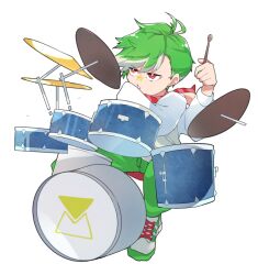 Rule 34 | 1boy, commentary, commentary request, cymbals, daimonji ryugon, drum, drum set, drumsticks, english commentary, green hair, green pants, holding, holding drumsticks, instrument, long sleeves, mixed-language commentary, pants, red scarf, ryo (ryo skrdi), scarf, shirt, short hair, sitting, solo, transparent background, virtual youtuber, voms, white shirt