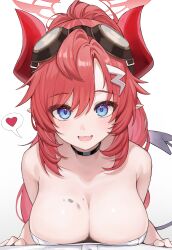 Rule 34 | 1girl, absurdres, bare shoulders, black choker, blue archive, blue eyes, blush, breasts, choker, cleavage, demon horns, demon tail, fang, goggles, goggles on head, halo, hands on another&#039;s chest, heart, highres, horns, large breasts, megu (blue archive), pipipipyu, pointy ears, pov, red eyes, skin fang, smile, solo, spoken heart, tail