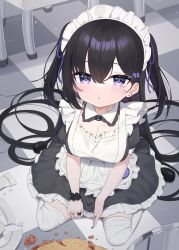 Rule 34 | 1girl, :o, apron, black dress, black hair, bow, breasts, broken plate, checkered floor, cleavage, commentary request, dress, earrings, food, frilled apron, frilled dress, frills, hair between eyes, hair bow, hair ornament, hair ribbon, highres, indoors, jewelry, long hair, maid, maid apron, maid headdress, medium breasts, on floor, original, over-kneehighs, parted lips, plate, purple bow, purple eyes, purple ribbon, ribbon, solo, spill, stud earrings, thighhighs, tray, tsukiman, two side up, very long hair, white apron, white thighhighs, x hair ornament