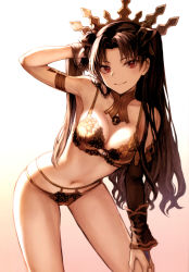 Rule 34 | 1girl, absurdres, arm up, armlet, armpits, bare shoulders, black bow, black hair, black ribbon, blush, bow, bra, breasts, bridal gauntlets, cleavage, collarbone, detached collar, detached sleeves, earrings, fate/grand order, fate (series), gold trim, gradient background, hair bow, hair ribbon, hand in own hair, highres, hip focus, hoop earrings, ishtar (fate), jewelry, leaning forward, long hair, looking at viewer, mashuu (neko no oyashiro), medium breasts, navel, neck ring, panties, parted bangs, red eyes, ribbon, scan, single sleeve, smile, solo, thighs, tiara, two side up, underwear, underwear only, yellow bra, yellow panties