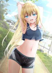 Rule 34 | 1girl, absurdres, blonde hair, blue eyes, highres, kamesys, long hair, navel, open mouth, original, smile, solo, thighhighs