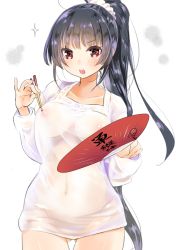 Rule 34 | 10s, 1girl, :o, apron, black hair, blush, breasts, chopsticks, covered erect nipples, female focus, gluteal fold, hand fan, isokaze (kancolle), kantai collection, kappougi, large breasts, long hair, long sleeves, looking at viewer, navel, nipples, no bra, no panties, open mouth, paper fan, red eyes, see-through, simple background, solo, thigh gap, uchiwa, very long hair, white background, yuzuki yuno