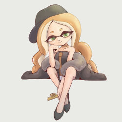 Rule 34 | 1girl, absurdres, bare legs, bare shoulders, bibi (splatoon), black coat, black dress, black footwear, black headwear, closed mouth, coat, crossed ankles, dress, full body, fur-trimmed coat, fur trim, green eyes, grey background, half-closed eyes, head rest, highres, holding, instrument, invisible chair, jewelry, kazoo, light brown hair, looking at viewer, necklace, nintendo, nose, shoes, short eyebrows, sidelighting, simple background, sitting, smile, solo, splatoon (series), splatoon 2, strapless, strapless dress, thick eyebrows, tsurime, user aaww2288