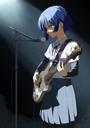 Rule 34 | 1girl, absurdres, bass guitar, black ribbon, black undershirt, blue hair, bocchi the rock!, collared shirt, cowboy shot, earrings, fender precision bass, highres, instrument, jewelry, ku anime, microphone, microphone stand, mole, mole under eye, music, neck ribbon, pantyhose, playing instrument, pleated skirt, ribbon, shirt, shirt tucked in, short hair, skirt, solo, stage lights, stud earrings, undershirt, white shirt, yamada ryo, yellow eyes