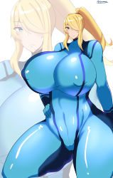 Rule 34 | 46ayamahi, absurdres, artist name, blonde hair, blue bodysuit, blue eyes, bodysuit, breasts, breasts apart, collarbone, covered navel, gluteal fold, hand on own hip, highres, hip bones, huge breasts, legs apart, lips, long hair, looking at viewer, metroid, mole, mole under mouth, nintendo, ponytail, puffy areolae, samus aran, shiny clothes, standing, taut, thick thighs, thighs, wide hips, zero suit