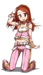 Rule 34 | 10s, 1girl, :d, adjusting hair, belt, bow, bracelet, brown eyes, brown hair, fang, female focus, full body, hair bow, idolmaster, idolmaster (classic), idolmaster 2, jewelry, kneeling, long hair, midriff, minase iori, navel, necklace, open mouth, simple background, smile, solo, ttomm, white background