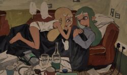 Rule 34 | 2girls, agent 3 (splatoon), agent 3 (splatoon 3), barefoot, blank speech bubble, blanket, blonde hair, bottle, closed mouth, couch, cup, dr mice, electrical outlet, green hair, highres, indoors, inkling, inkling girl, inkling player character, long hair, lying, lying on person, mug, multiple girls, nintendo, on back, open mouth, orange eyes, panties, pointy ears, speech bubble, splatoon (series), splatoon 3, table, tank top, tentacle hair, tissue box, underwear, white panties, white tank top, yuri