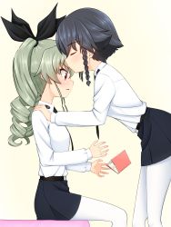 Rule 34 | 10s, 2girls, anchovy (girls und panzer), anzio school uniform, bad id, bad pixiv id, belt, black belt, black neckwear, black ribbon, black skirt, blue hair, blush, book, closed eyes, commentary, dress shirt, drill hair, dropping, emblem, from side, girls und panzer, green hair, hair ribbon, hands on another&#039;s shoulders, highres, kiss, kissing forehead, leaning forward, light blue hair, long hair, long sleeves, miniskirt, multiple girls, necktie, pantyhose, parted lips, pepperoni (girls und panzer), pleated skirt, red eyes, ribbon, ruka (piyopiyopu), school uniform, shirt, short hair, sitting, skirt, standing, surprise kiss, surprised, twin drills, twintails, white legwear, white shirt, yellow background, yuri