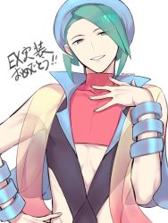 Rule 34 | 1boy, alternate color, bangle, blue hat, bracelet, commentary request, covered collarbone, creatures (company), crop top, game freak, green hair, hand on own hip, hand up, hat, high collar, highres, jewelry, male focus, midriff, nintendo, parted lips, pokemon, pokemon masters ex, red skirt, shirt, skin tight, skirt, sleeveless, sleeveless shirt, smile, solo, translation request, tudurimike, twitter username, upper body, wallace (pokemon)