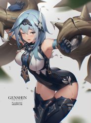 Rule 34 | 1girl, absurdres, arm up, armpits, ass, bare shoulders, between breasts, bilibili xiaolu, black pantyhose, black thighhighs, blue hair, blue necktie, blush, bodystocking, bound, bound arms, breasts, center opening, covered navel, eula (genshin impact), genshin impact, gloves, hairband, highres, huge filesize, leotard, long sleeves, looking at viewer, medium breasts, medium hair, necktie, necktie between breasts, one eye closed, open mouth, pantyhose, plant, restrained, solo, thighhighs, thighs, thorns, vambraces, vines, yellow eyes