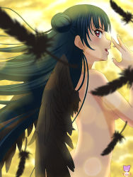 Rule 34 | 1girl, absurdres, blue hair, convenient arm, convenient censoring, feathers, female focus, happy birthday, highres, long hair, love live!, love live! sunshine!!, nude, solo, tsushima yoshiko, user sjah7745, wings