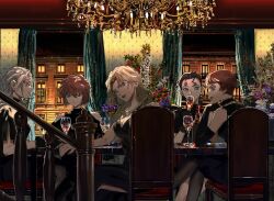Rule 34 | 5girls, alcohol, bare shoulders, black dress, blonde hair, blue eyes, brown hair, character request, cup, dress, flower, grey hair, highres, holding, holding cup, indoors, looking at another, looking at viewer, meitantei conan, miyano shiho, multiple girls, red flower, red lips, segami, short hair, stairs, table, white flower