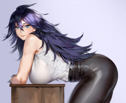 Rule 34 | 1girl, arm rest, armpit crease, artist name, bare shoulders, bent over, black hair, black pants, blue eyes, boku no hero academia, breasts, cuffs, desk, easonx, from side, hair between eyes, hair over shoulder, hanging breasts, large breasts, leaning on object, long hair, looking at viewer, midnight (boku no hero academia), mole, mole under eye, pants, red-framed eyewear, shirt, shirt tucked in, sleeveless, sleeveless shirt, smile, solo, thick thighs, thighs, tight clothes, tight pants, white shirt
