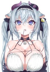 Rule 34 | 1girl, animal ears, bad id, bad pixiv id, bell, black bow, black hairband, black ribbon, blue eyes, blush, bow, breasts, choker, cleavage, cow ears, cow girl, cow horns, ear tag, frilled hairband, frills, grey hair, hair between eyes, hair bow, hairband, highres, horn ornament, horn ribbon, horns, large breasts, long hair, looking at viewer, mole, mole on breast, mouth hold, neck bell, nikuya (nikuniku nikuya), original, ribbon, simple background, skindentation, solo, sweat, twintails, upper body, white background