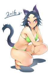 Rule 34 | 1girl, animal ears, aruko (nac000), barefoot, bikini, blue hair, breasts, cat ears, cat tail, cleavage, crossed arms, eyebrows, highres, large breasts, nac000, navel, original, red eyes, smile, solo, squatting, swimsuit, tail