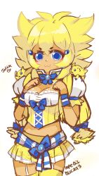 Rule 34 | 1girl, :3, blonde hair, blue eyes, grabbing another&#039;s breast, corset, creatures (company), dual persona, game freak, garter straps, gen 5 pokemon, grabbing, grabbing own breast, hopebiscuit, joltik, long hair, low-tied long hair, low twintails, midriff, miniskirt, nintendo, personification, pokemon, puffy short sleeves, puffy sleeves, short sleeves, skirt, solo, tan, thighhighs, twintails, wrist cuffs, yellow thighhighs