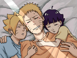 Rule 34 | 1girl, 2boys, bad id, bad pixiv id, bed, bed sheet, blonde hair, blue shirt, boruto: naruto next generations, closed eyes, father and daughter, father and son, highres, lying, multiple boys, naruto, naruto (series), on back, open mouth, orange shirt, pinoko (pnk623), purple hair, shirt, short hair, sleeping, uzumaki boruto, uzumaki himawari, uzumaki naruto, yellow shirt