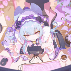 1girl @_@ ^_^ alternate_form apron asmr bell binaural_microphone blue_hair bow-shaped_hair chair closed_eyes computer_keyboard computer_mouse contemporary cup desk detached_sleeves drink elbow_rest fingernails fisheye from_above genshin_impact hair_between_eyes hairband hands_up highres holding hyakujitsuhaku_shion indoors japanese_clothes juffles long_hair microphone mimikaki monitor mousepad_(object) neck_bell office_chair on_chair parted_lips pointy_ears purple_eyes shiba_murasaki sitting smile solo_focus swivel_chair waist_apron yumemizuki_mizuki