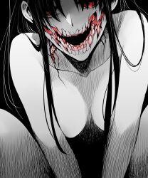 Rule 34 | 1girl, absurdres, black background, breasts, glasgow smile, hair behind ear, hair over eyes, hatching (texture), highres, ishiyumi, kuchisake-onna (ishiyumi), large breasts, long bangs, long hair, monochrome, nude, open mouth, original, red eyes, science fiction, sidelocks, solo, spot color, squatting, teeth