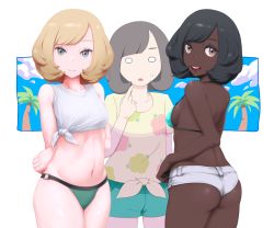 Rule 34 | 3girls, aqua bikini, arms behind back, ass, back, bikini, bikini bottom only, bikini top only, black hair, blank stare, blonde hair, blouse, breasts, closed mouth, collarbone, creatures (company), crop top, dark-skinned female, dark skin, from behind, game freak, green bikini, grey eyes, halterneck, hand on own hip, looking at viewer, medium breasts, mk (mikka), multiple girls, multiple persona, muted color, navel, nintendo, open mouth, palm tree, pointing, pointing at self, pokemon, pokemon sm, print shirt, selene (pokemon), shirt, short hair, short shorts, short sleeves, shorts, silver hair, sleeveless, sleeveless shirt, smile, standing, stomach, swept bangs, swimsuit, teeth, tongue, tree, upper teeth only, white shirt, yellow eyes, yellow shirt