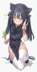 Rule 34 | 1girl, absurdres, aged down, animal ear fluff, animal ears, belt, black belt, black dress, black footwear, black hair, black ribbon, blue archive, blush, bow, china dress, chinese clothes, dango, dress, food, freng, green bow, green eyes, grin, hair ribbon, highres, holding, kneeling, long hair, mary janes, no panties, on one knee, pelvic curtain, ribbon, shadow, shoes, short sleeves, shun (blue archive), shun (small) (blue archive), side slit, simple background, smile, solo, teeth, thighhighs, thighs, tiger ears, tiger girl, twintails, v, wagashi, white background, white thighhighs