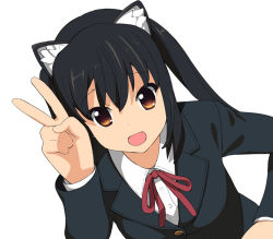 Rule 34 | 1girl, :d, a1 (initial-g), animal ears, black hair, blazer, cat ears, jacket, k-on!, nakano azusa, neck ribbon, open mouth, red ribbon, ribbon, school uniform, simple background, smile, solo, twintails, upper body, v