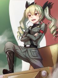 Rule 34 | 10s, 1girl, anchovy (girls und panzer), bad id, bad pixiv id, belt, black footwear, black shirt, blouse, boots, dress shirt, drill hair, flag background, girls und panzer, green hair, grey jacket, grey pants, hair ribbon, highres, hiruno, italian flag, jacket, knee boots, leg up, long hair, long sleeves, military, military uniform, necktie, open mouth, pants, pants tucked in, red eyes, ribbon, riding crop, shirt, shoulder belt, smile, solo, standing, twin drills, twintails, uniform, vehicle