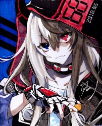 Rule 34 | 1girl, bad id, bad twitter id, black nails, blue eyes, brown hair, candy, closed mouth, collar, commentary request, dated, fingerless gloves, fingernails, food, gloves, hair between eyes, hand up, hat, head tilt, heterochromia, highres, jacket, lollipop, long fingernails, long hair, looking at viewer, marker (medium), multicolored hair, nail polish, original, red eyes, samei ikusa, signature, solo, split-color hair, traditional media, two-tone hair, upper body, v-shaped eyebrows, white hair