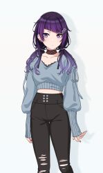 Rule 34 | 1girl, choker, earrings, idolmaster, idolmaster shiny colors, jewelry, low twintails, nail polish, official art, pants, purple eyes, purple hair, solo, tanaka mamimi, torn clothes, twintails