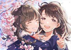 Rule 34 | 2girls, ahoge, black hair, braid, braided ponytail, brown hair, cherry blossoms, closed mouth, eyebrows hidden by hair, hair ornament, hug, long hair, looking at viewer, multiple girls, open mouth, original, petals, school uniform, serafuku, shinishi chiho, smile, upper body, victory pose
