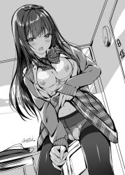 Rule 34 | 1girl, bad id, bad pixiv id, blush, bowtie, bra, bra pull, breasts, breasts out, clothes lift, clothes pull, collared shirt, female masturbation, greyscale, highres, indoors, kobayashi chisato, lifted by self, long hair, masturbation, medium breasts, monochrome, nipples, open clothes, open mouth, original, panties, pantyhose, school uniform, shirt, solo, striped bow, striped bowtie, striped clothes, torn clothes, torn legwear, torn pantyhose, underwear