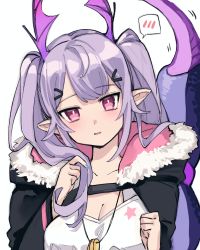 Rule 34 | arknights, black jacket, blouse, blush, breasts, bright pupils, cleavage, collarbone, fur-trimmed jacket, fur trim, hair ornament, hairclip, head tilt, head wings, highres, hood, hood down, hooded jacket, jacket, jewelry, large breasts, long hair, long sleeves, looking at viewer, manticore (arknights), mmm ma pmpm, motion lines, necklace, open clothes, open jacket, parted lips, pink eyes, purple hair, scorpion tail, shirt, simple background, speech bubble, spoken blush, tail, twintails, upper body, white background, white shirt, wings