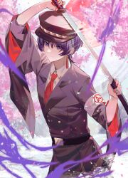 Rule 34 | 1boy, 99479538, alternate costume, bishounen, cherry blossoms, earrings, genshin impact, hat, highres, holding, holding knife, jewelry, knife, light smile, long sleeves, looking at viewer, male focus, military, military hat, military uniform, nail polish, purple hair, red nails, scaramouche (genshin impact), smile, solo, string, string of fate, tassel, tassel earrings, wide sleeves